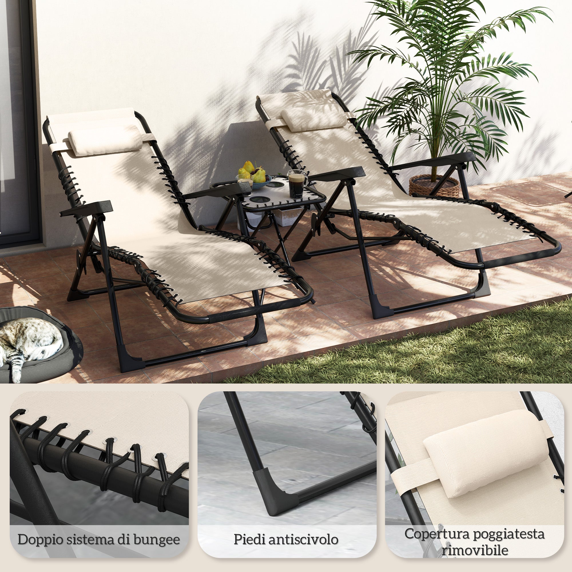 Set of 2 Folding Zero Gravity Deck Chairs with Adjustable Backrest and Table, Beige