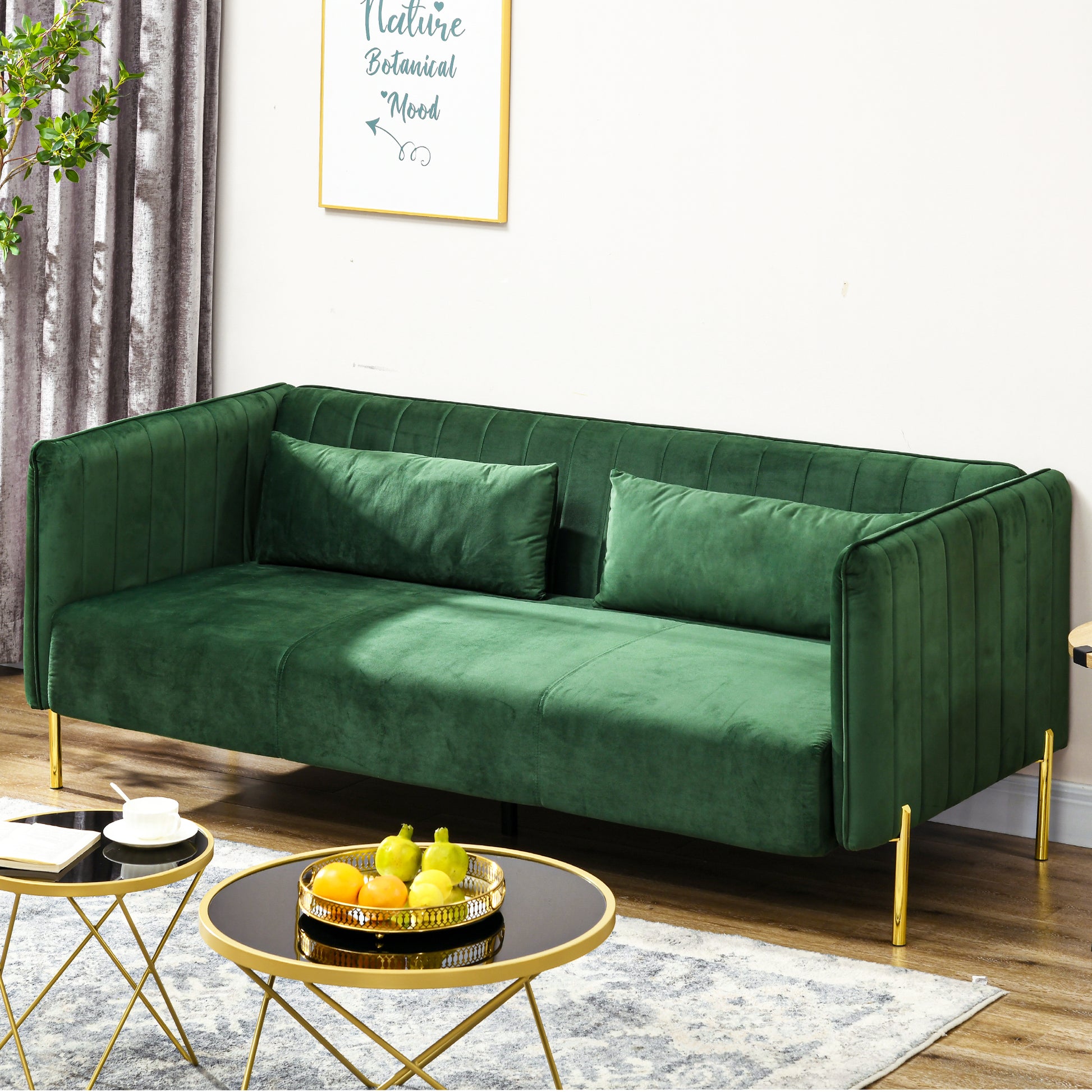 DELUX | 3 Seater Green Velvety Fabric Sofa with padded cushions | 200x88x76 cm - Borgè