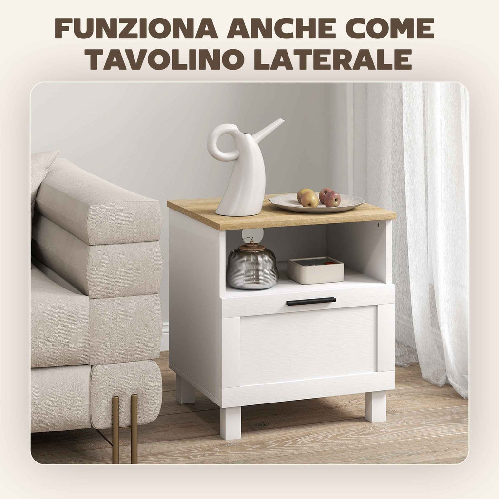 HOMCOM Modern Bedside Table with Drawer and Wooden Shelf, 45x38x50 cm, White and Wood Color