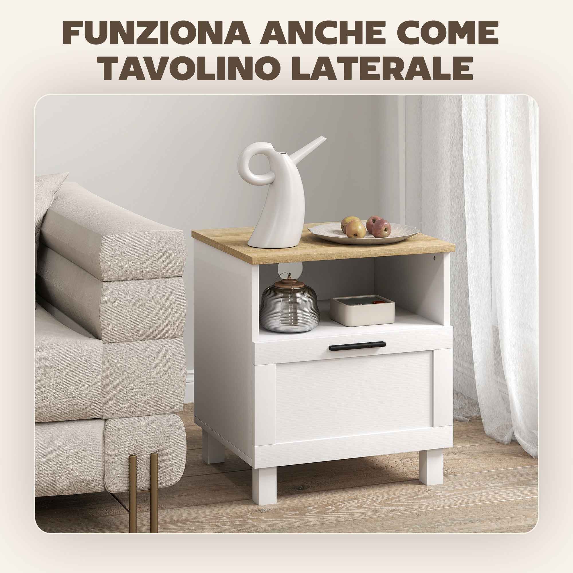 HOMCOM Modern Bedside Table with Drawer and Wooden Shelf, 45x38x50 cm, White and Wood Color