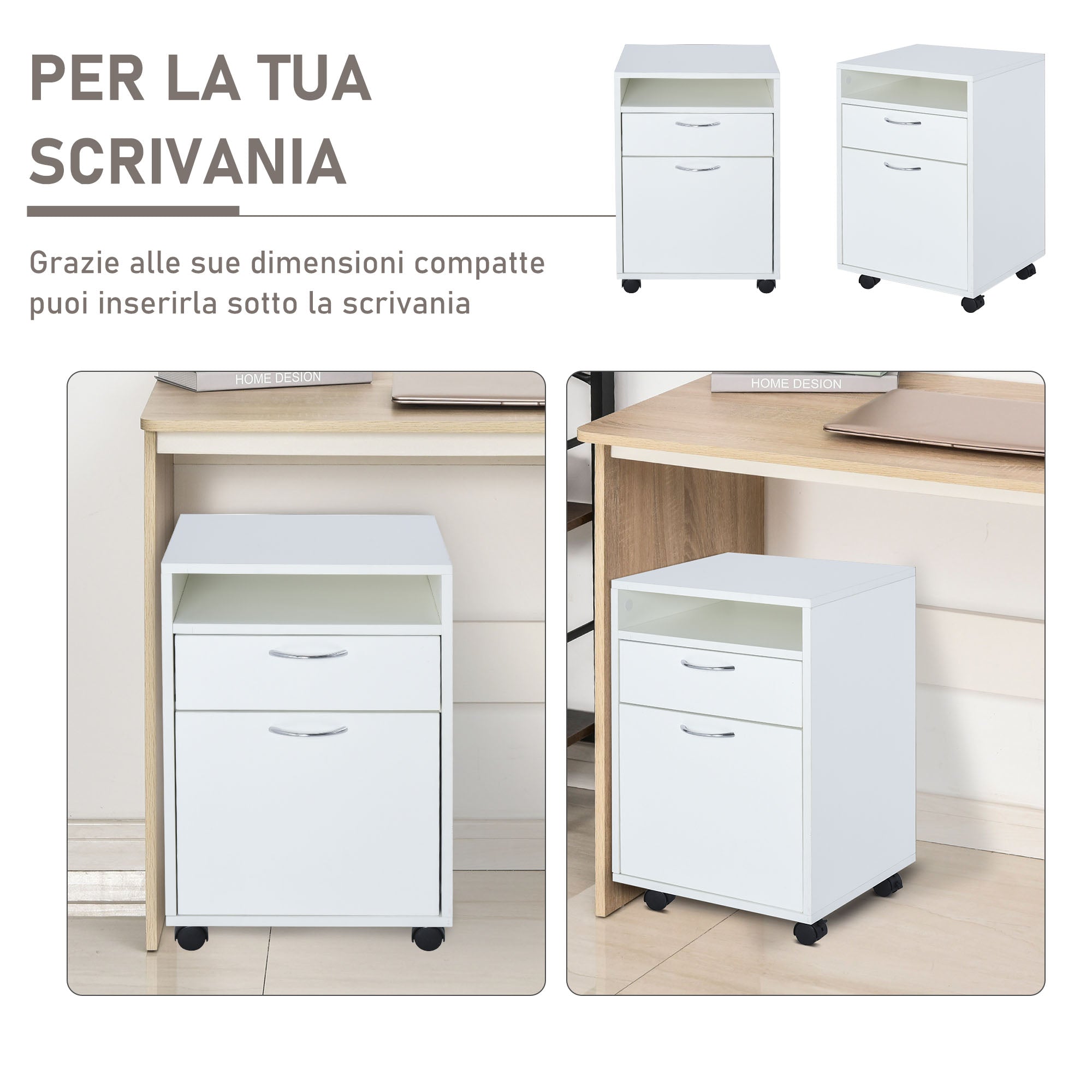 4-Wheel Office File Cabinet with Open Shelf and 2 Drawers, Wood and Metal Office Storage Unit, 40x35x60 cm, White