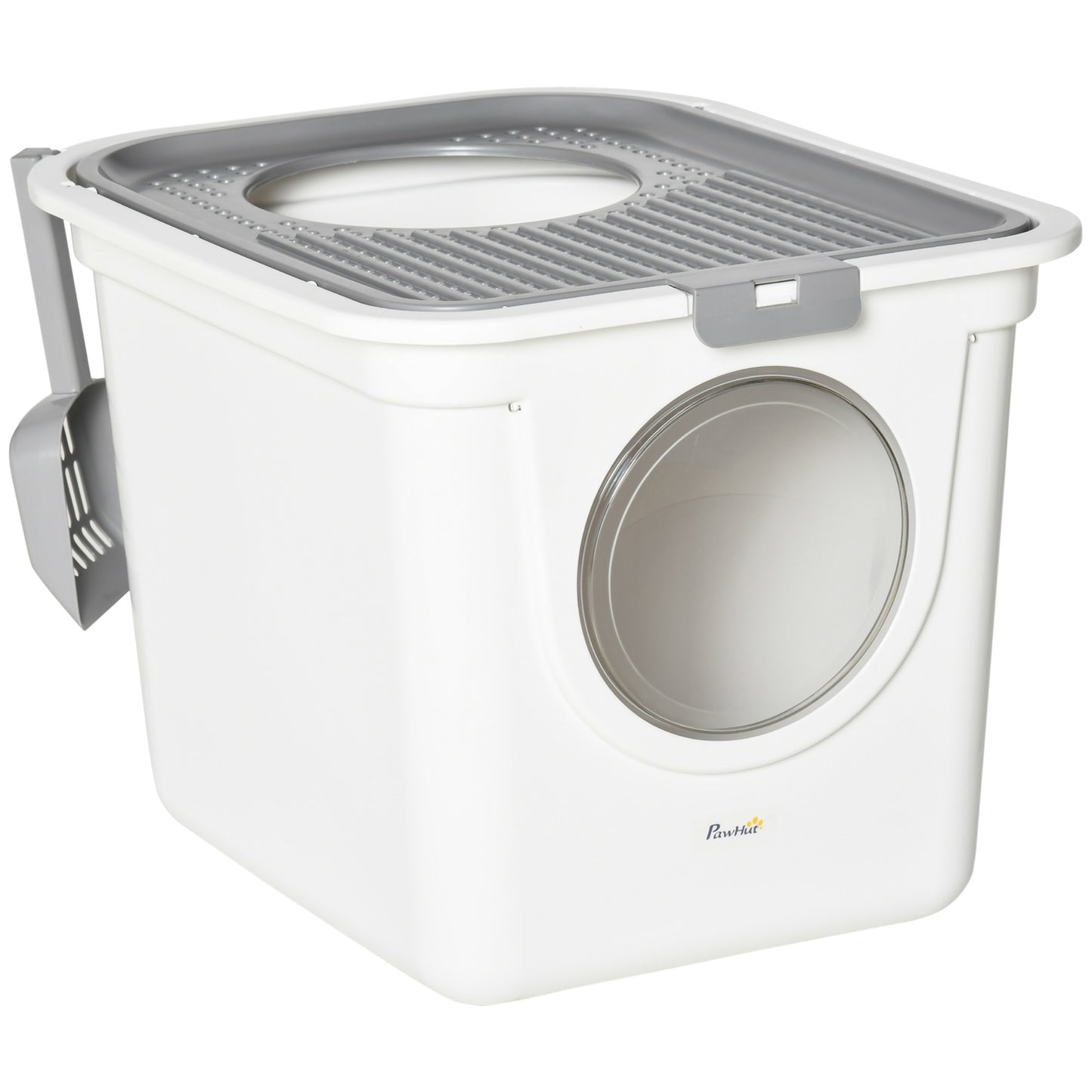 Double-Entrance Closed Cat Litter Box with Tray and Scoop, Made of PE Plastic, 44x55x39 cm, White