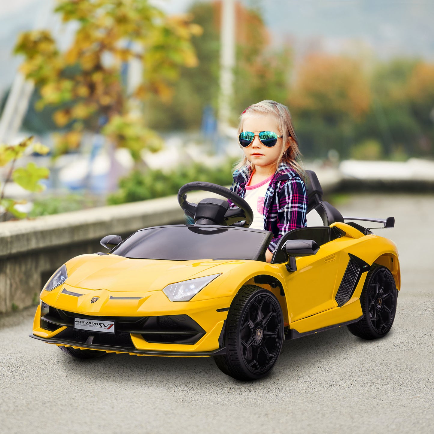 12V Electric Ride-On Toy Car with Lamborghini License, Remote Control, Horn and Music, Yellow