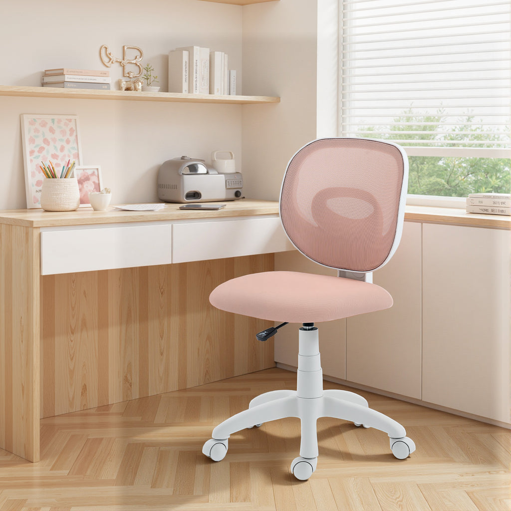 HOMCOM Ergonomic Swivel Office Chair with Breathable Mesh Fabric, Armless, Height-Adjustable, Pink