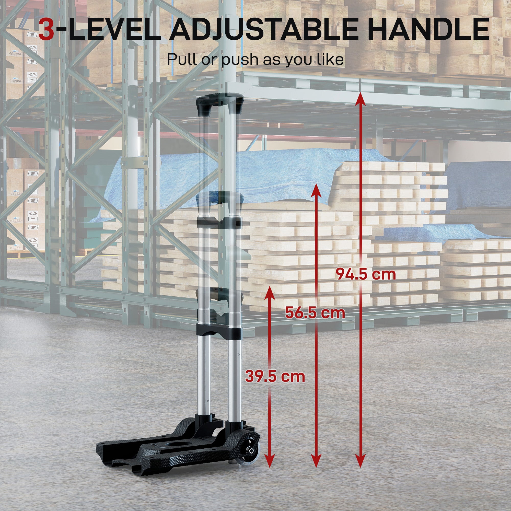 Folding Luggage Cart, 40 kg, with 2 Straps, Telescopic Handle, Aluminum and Plastic, Black