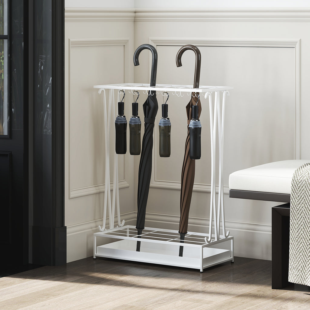 HOMCOM Umbrella Stand with Water Tray, 21 Holes and 24 Umbrella Hooks, Steel, 50x24x68 cm, White