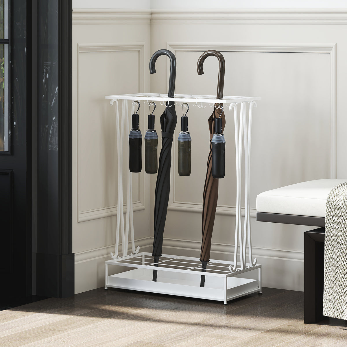 HOMCOM Umbrella Stand with Water Tray, 21 Holes and 24 Umbrella Hooks, Steel, 50x24x68 cm, White