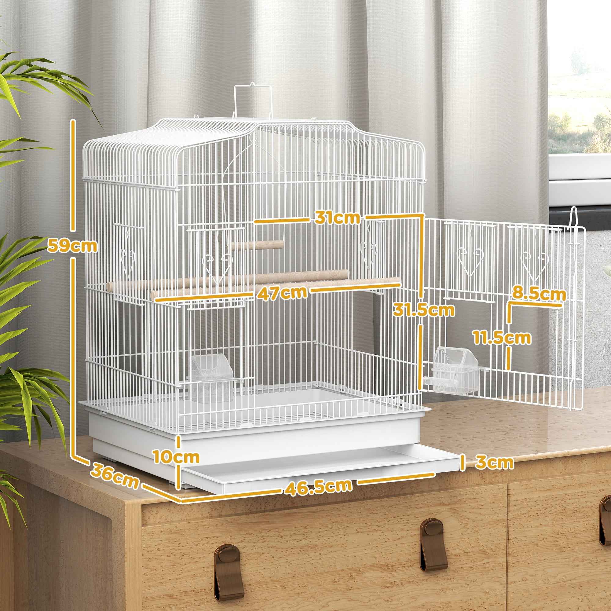 PawHut Portable Bird Cage with Handle, Removable Tray and 5 Doors, Perches and Swing, White