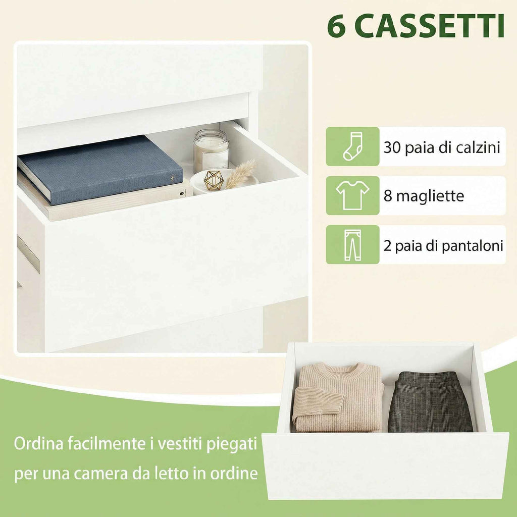 HOMCOM Slim Dresser, 6 Drawers, Gloss Finish, Bedroom, White