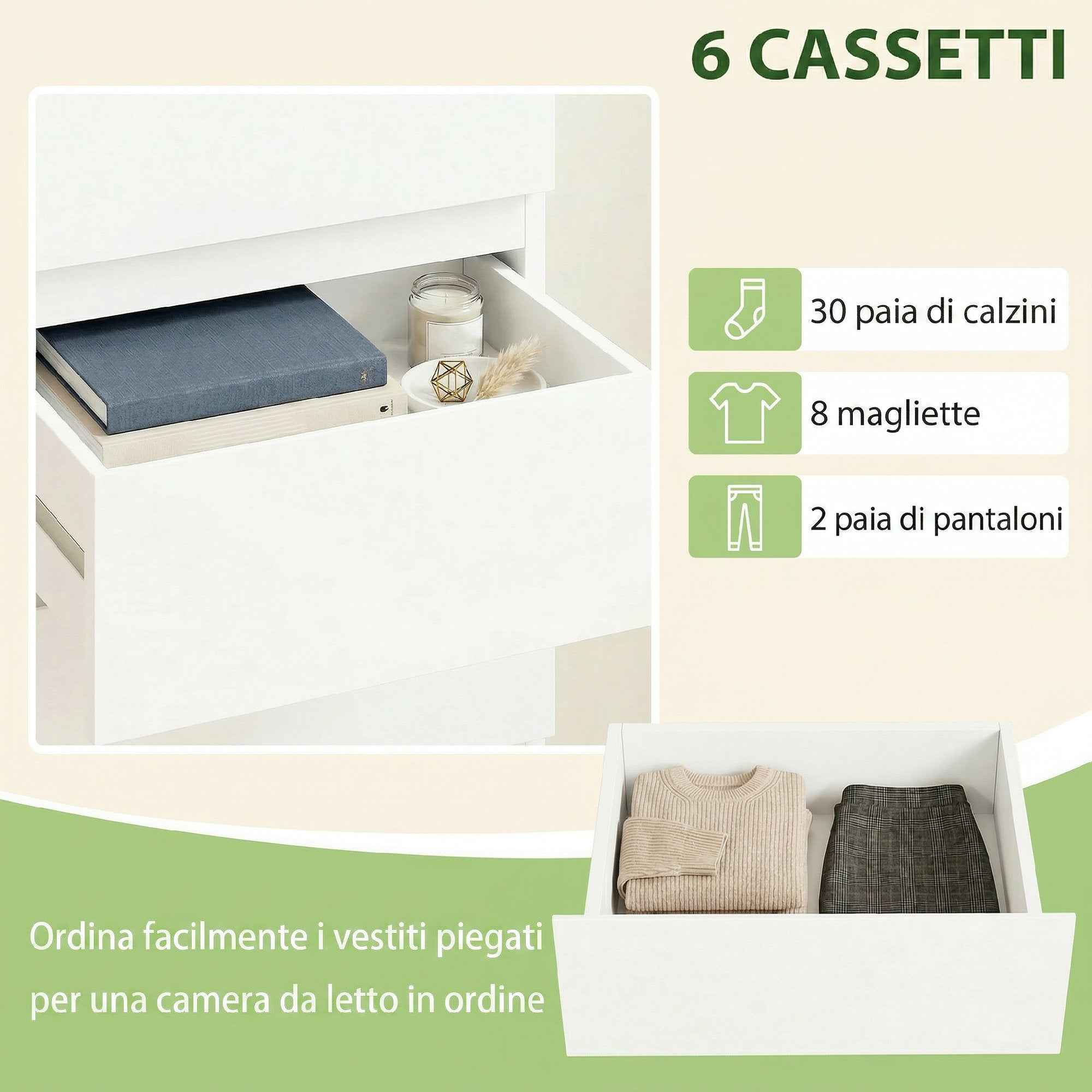 HOMCOM Slim Dresser, 6 Drawers, Gloss Finish, Bedroom, White