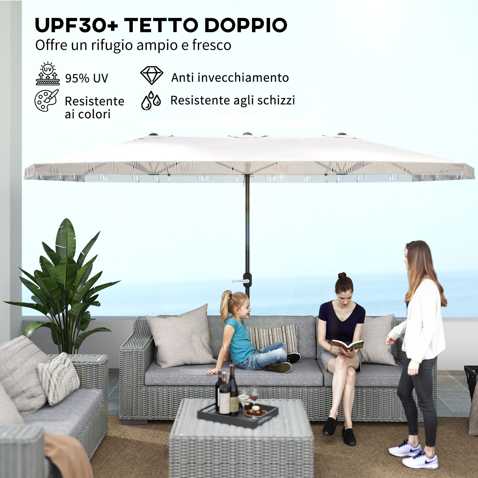 Double Umbrella with 12 Ribs with Crank, in Polyester and Steel, 450x265x260 cm, Cream White