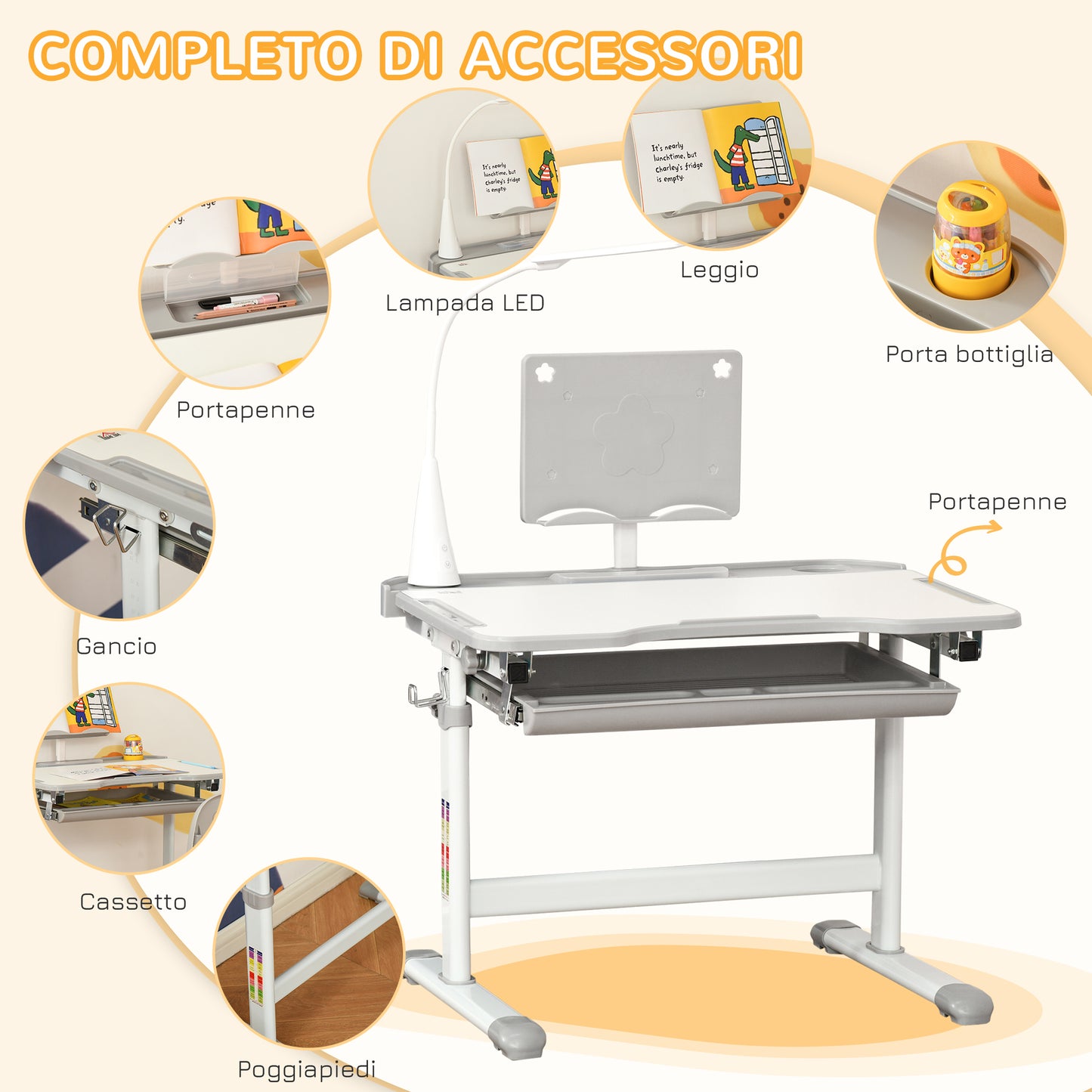 Children's Desk with Chair for 6-12 Years Old with Adjustable Height and Angle, Grey - Borgè