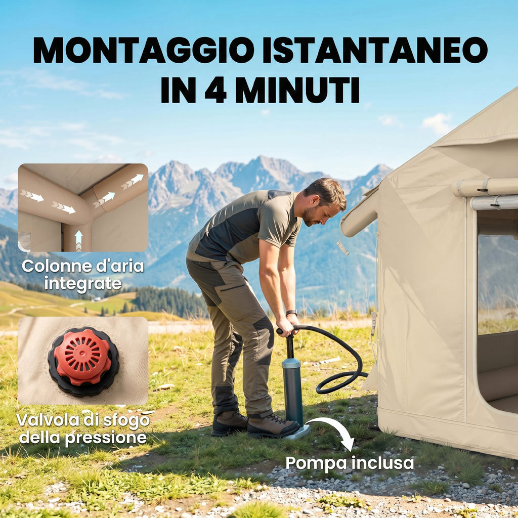 Outsunny Inflatable Camping Tent with Pump, 3000mm Waterproof and Windproof, Khaki