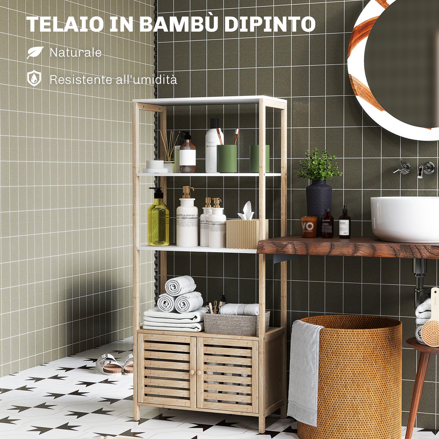 Bamboo Bathroom Cabinet with 3 Shelves and Lower Cabinet, 63x30x138 cm, Wood and White Color