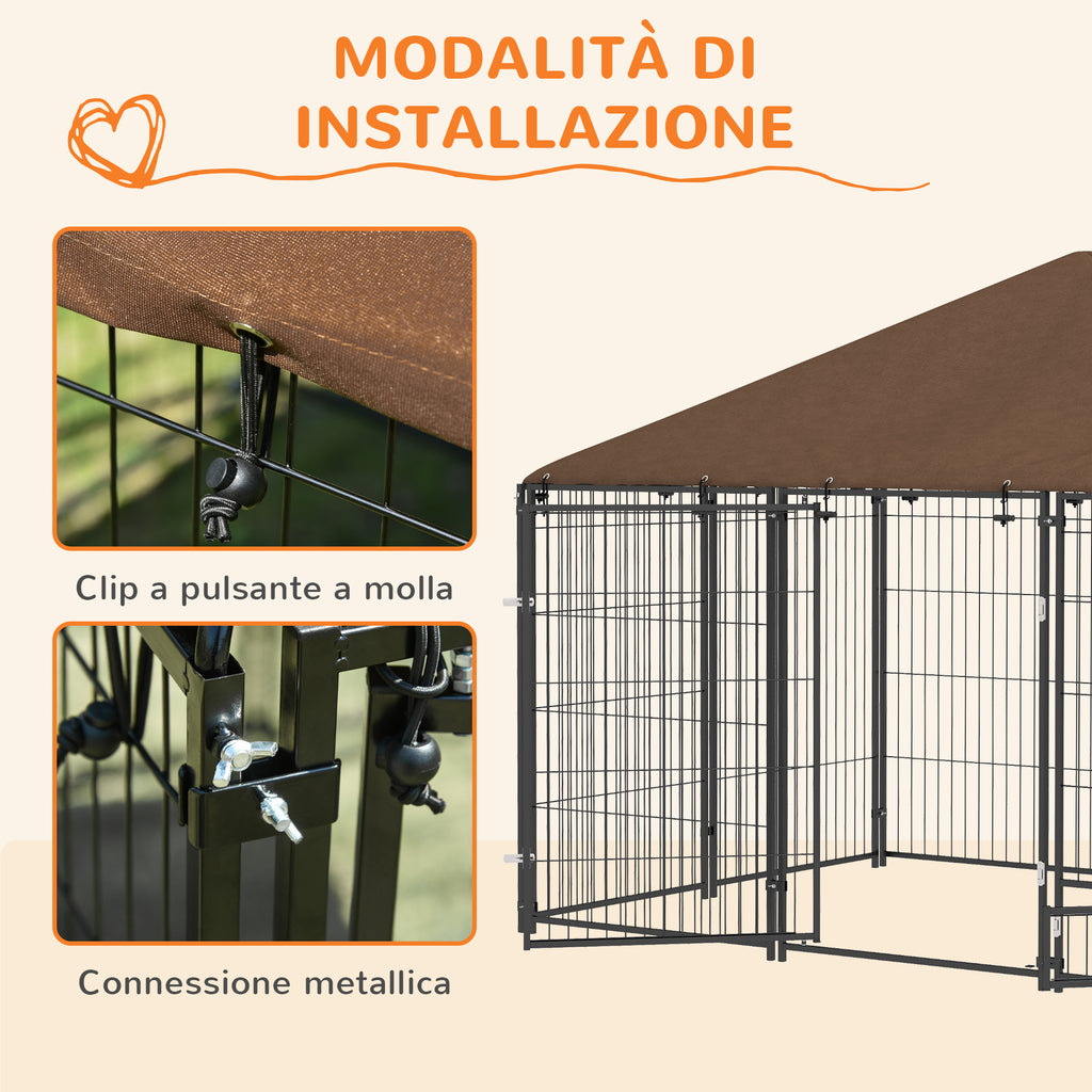 PawHut Metal and Oxford Fabric Dog Playpen with Bowl Door, 211x141x151 cm, Black and Brown