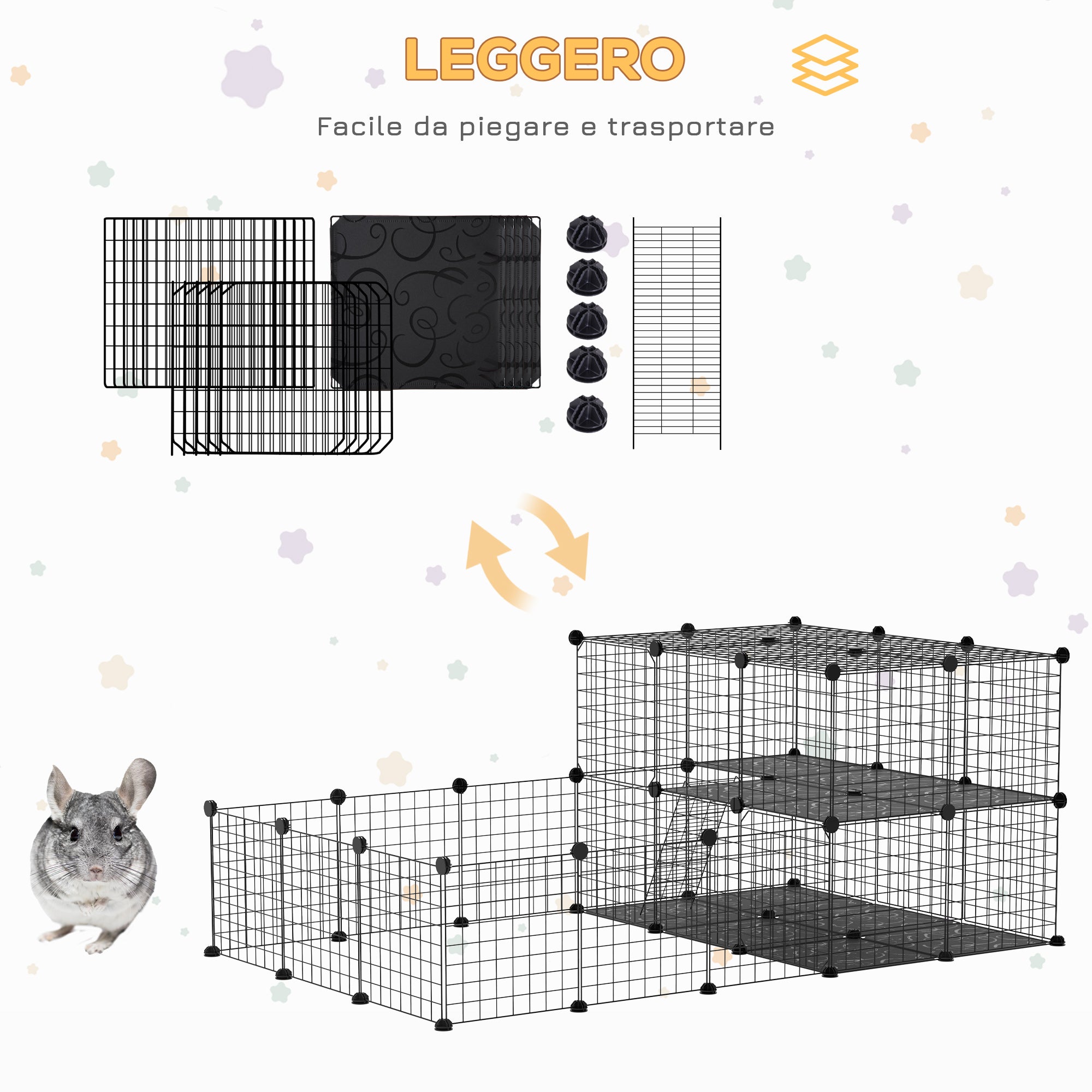 Modular Metal Rabbit Run with Ladder and Mounting Accessories, 175x105x70cm - Black