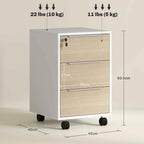 Office Filing Cabinet with 3 Drawers, 4 Wheels, Office Drawer Unit with Lock and 2 Keys, White and Oak