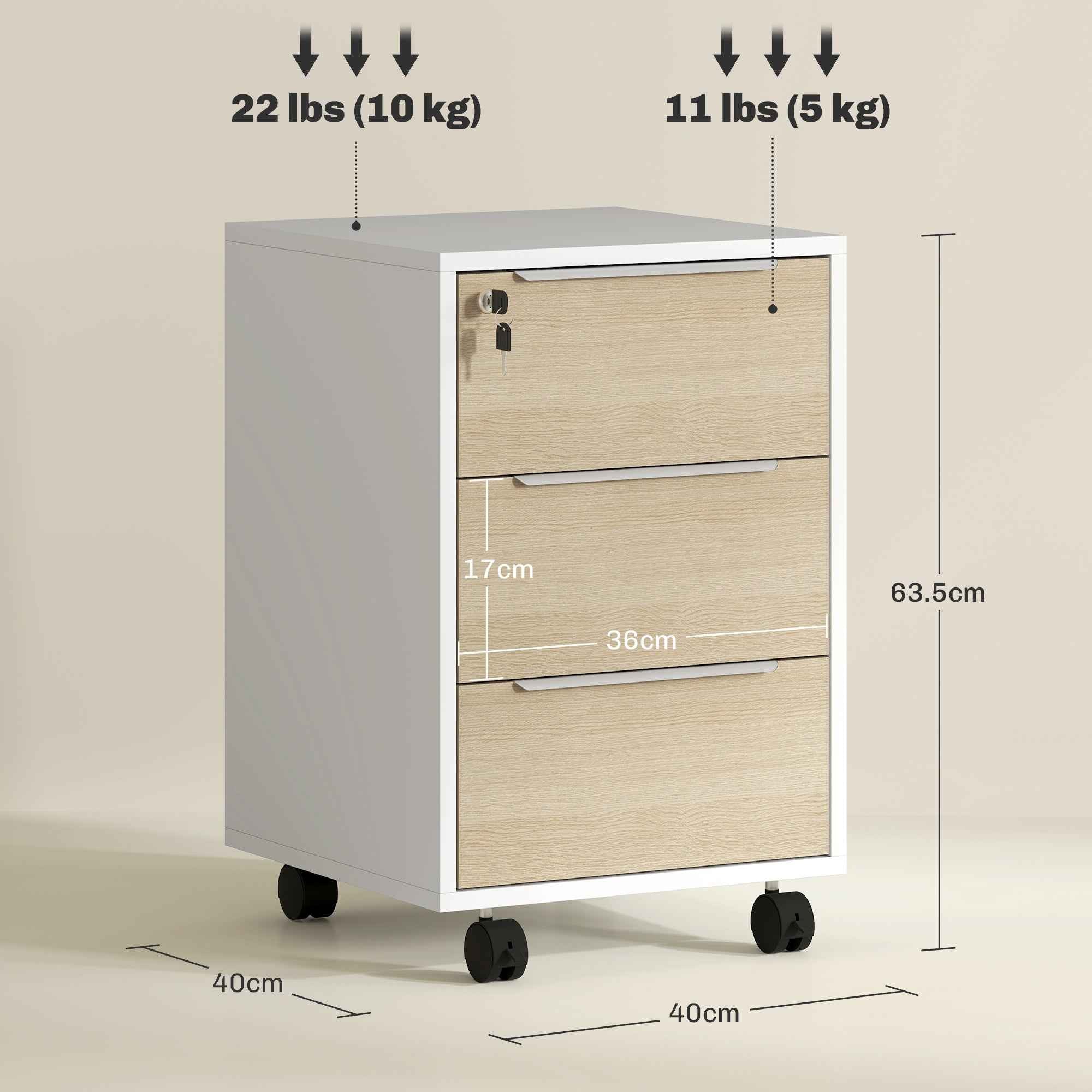 Office Filing Cabinet with 3 Drawers, 4 Wheels, Office Drawer Unit with Lock and 2 Keys, White and Oak