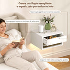 HOMCOM Set of 2 Wall-Mounted Bedside Tables with Built-in RGB LED Lights and APP Control, Drawer and Shelf, 37x32x21 cm, White