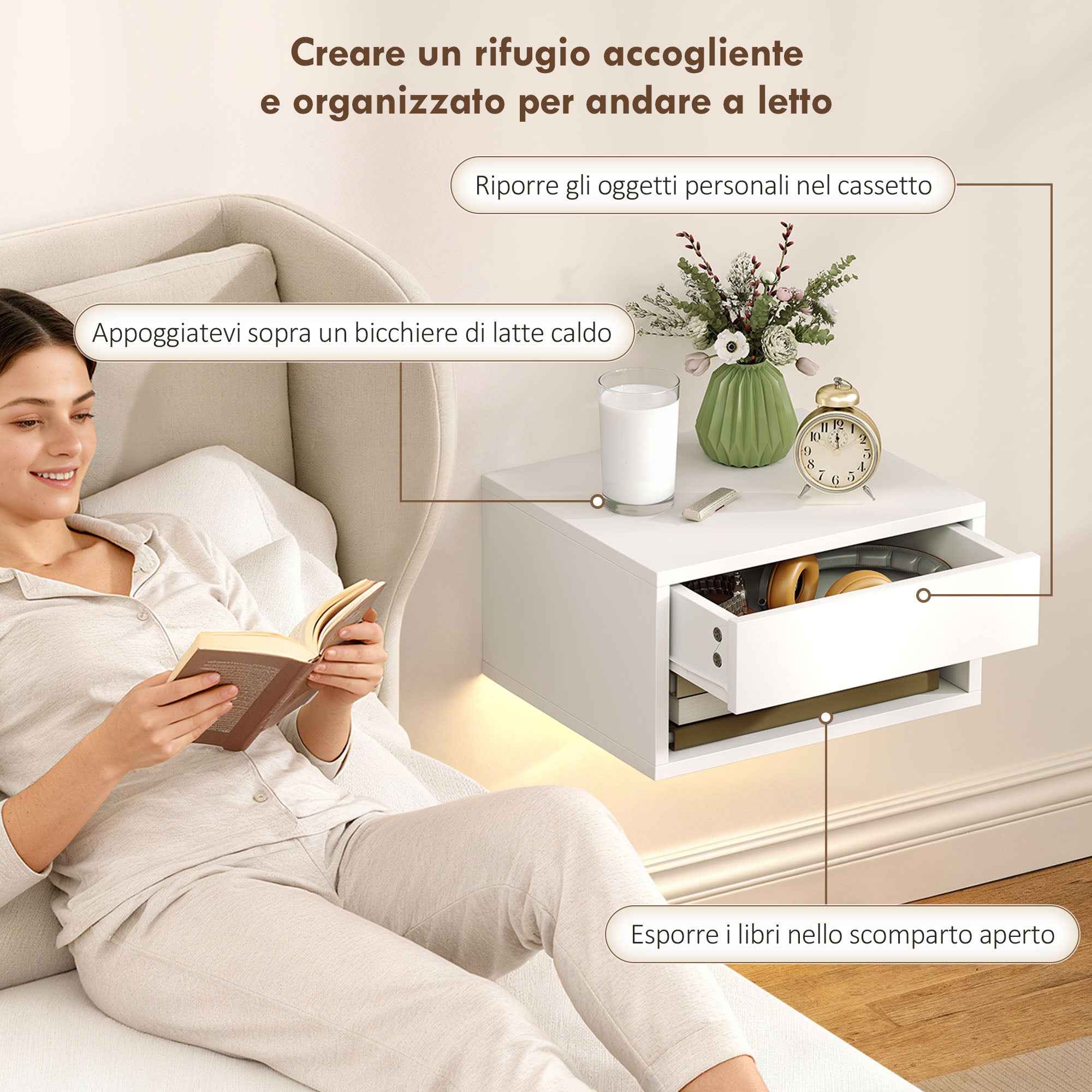 HOMCOM Set of 2 Wall-Mounted Bedside Tables with Built-in RGB LED Lights and APP Control, Drawer and Shelf, 37x32x21 cm, White