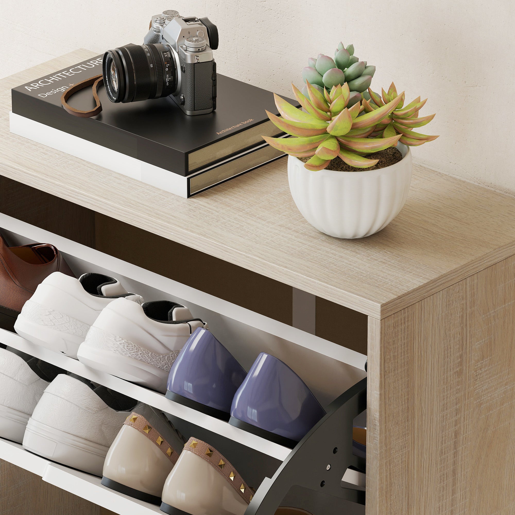 Space-Saving Slim Shoe Rack with 4 Drawers for 20 Pairs of Shoes, 62.5 x 26 x 156 cm, Wood and White
