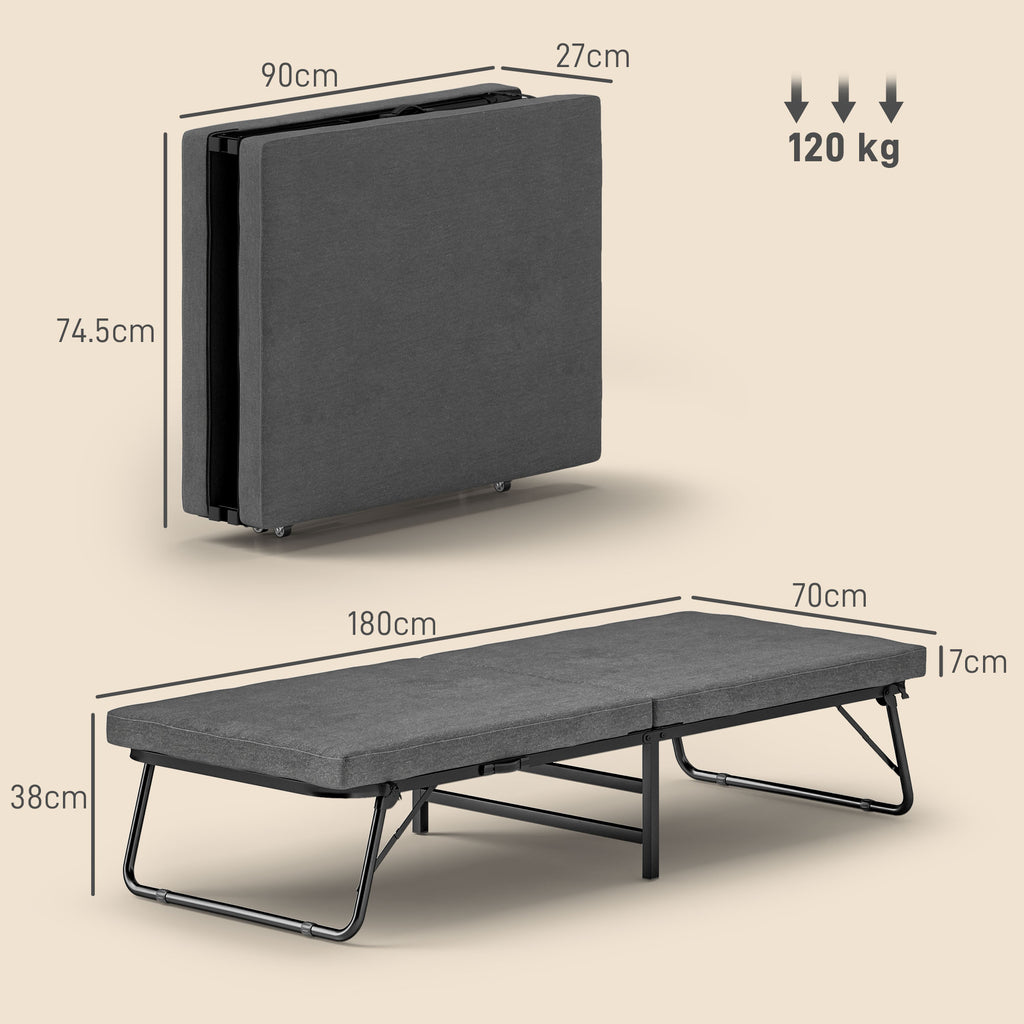 Folding Bed on 5 Levels with Mattress and 4 Casters, in Metal and Linen Effect Fabric, 180x70x38 cm, Gray