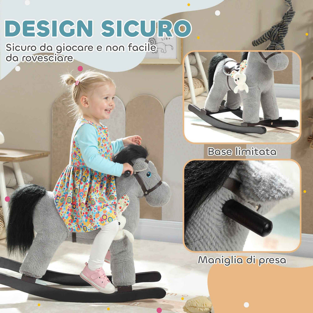 AIYAPLAY Rocking Horse with Sounds for Children 2-5 Years and Plush Animal Included, Wood and Steel, Grey