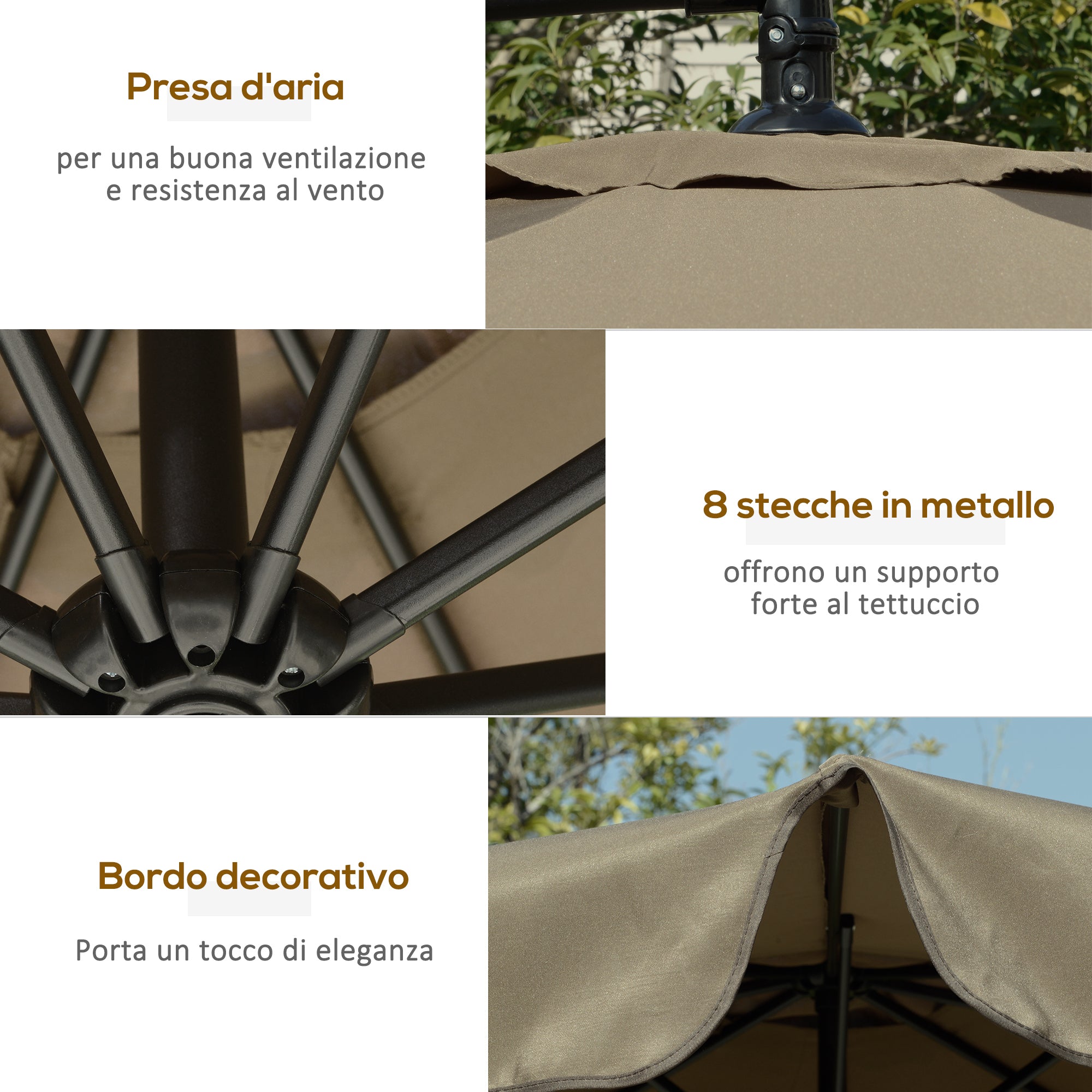 Garden Umbrella with Crank Opening in Metal and Polyester, Ø2.7x2.7 m, Coffee