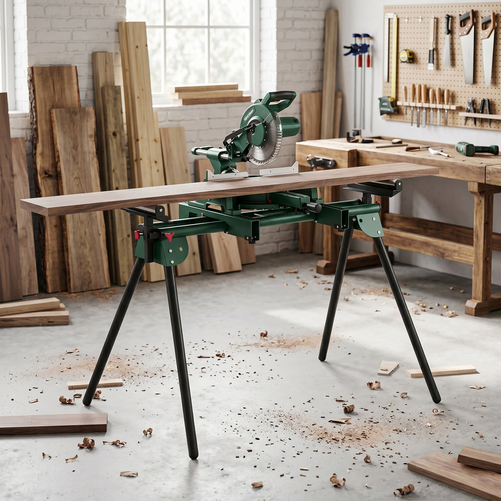 HOMCOM Mitre Saw Stand with Adjustable Arms, Folding Legs, Adjustable Height, 150 kg Capacity, Green