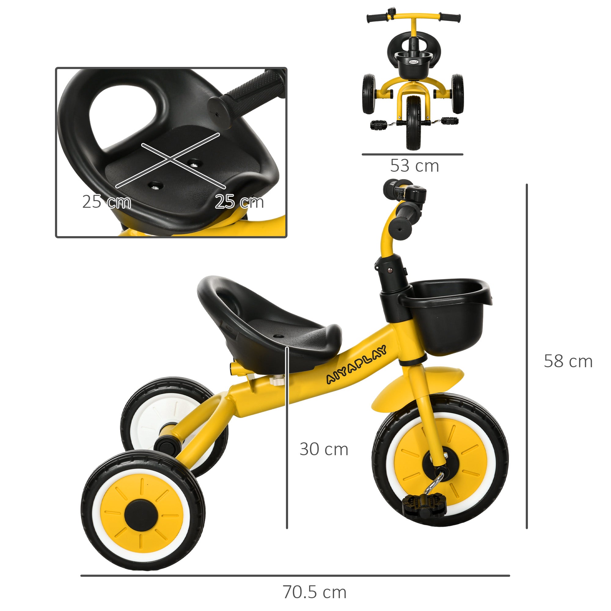 Children's Tricycle for 2-5 Years Old with Adjustable Seat and Bell, 70.5x50x58cm, Yellow
