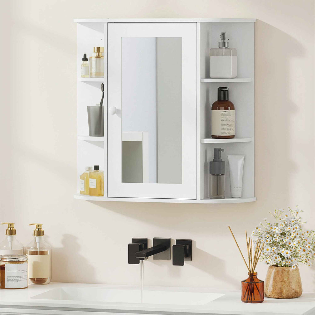 Bathroom Mirror Cabinet with 6 Open and 2 Closed Shelves, 66x17x63 cm Bathroom Cabinet with Mirror, Glass Wall Cabinet, White