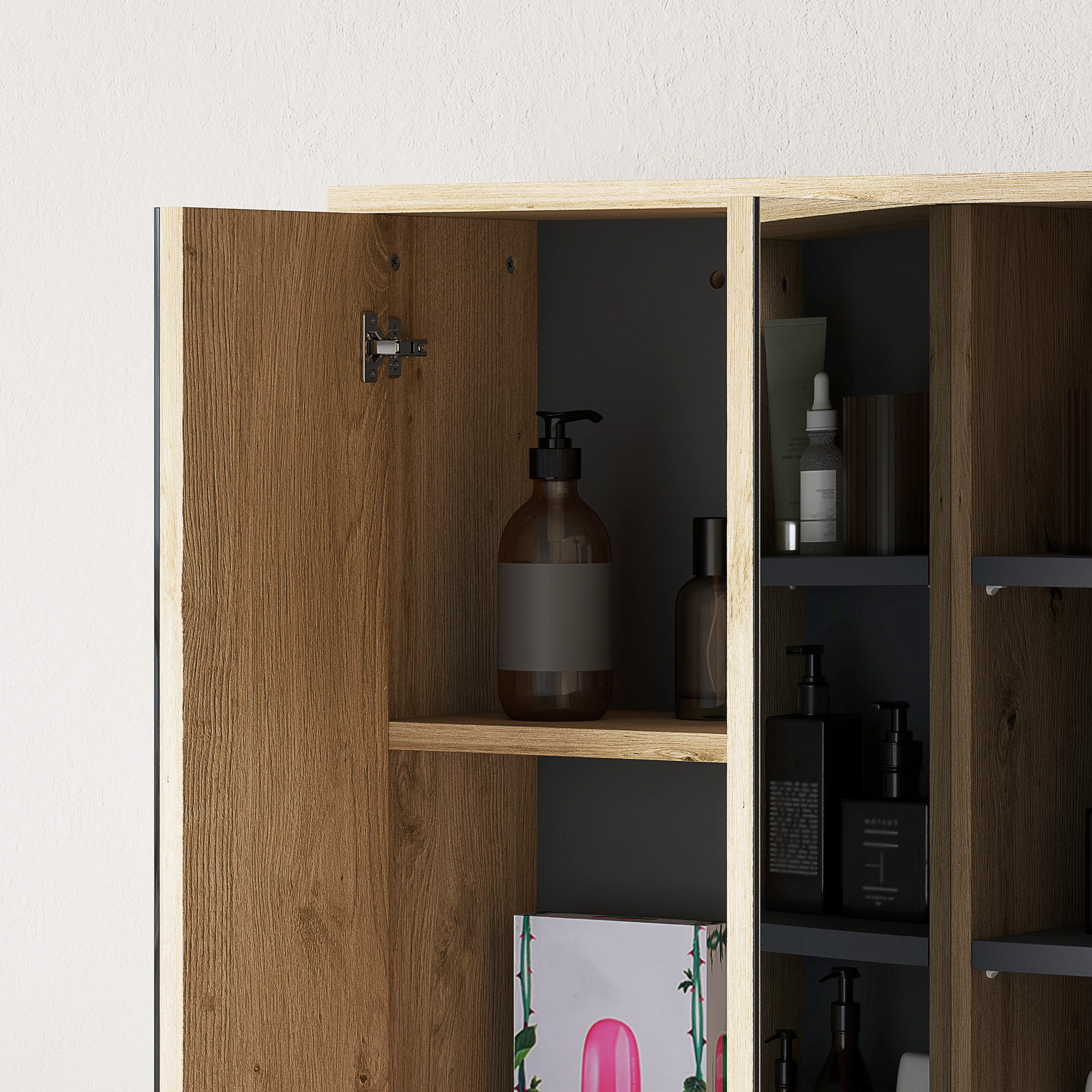 Bathroom Mirror Cabinet with 2 Doors, 60x20x60 cm Bathroom Cabinet with Mirror, Open Compartment, Natural