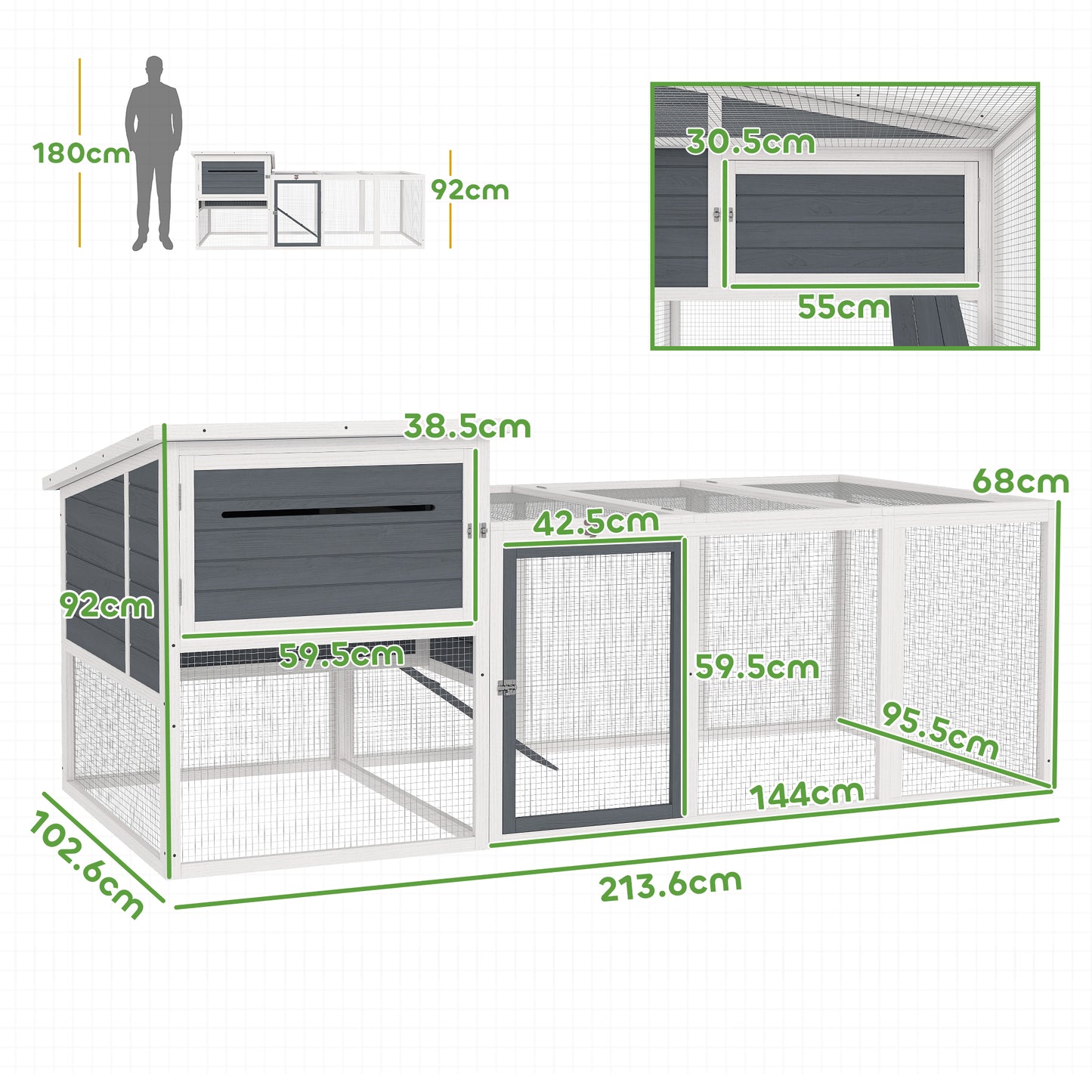 Chicken Coop with House, Nesting Box and Outdoor Area, 214x101x 91.5cm, Grey