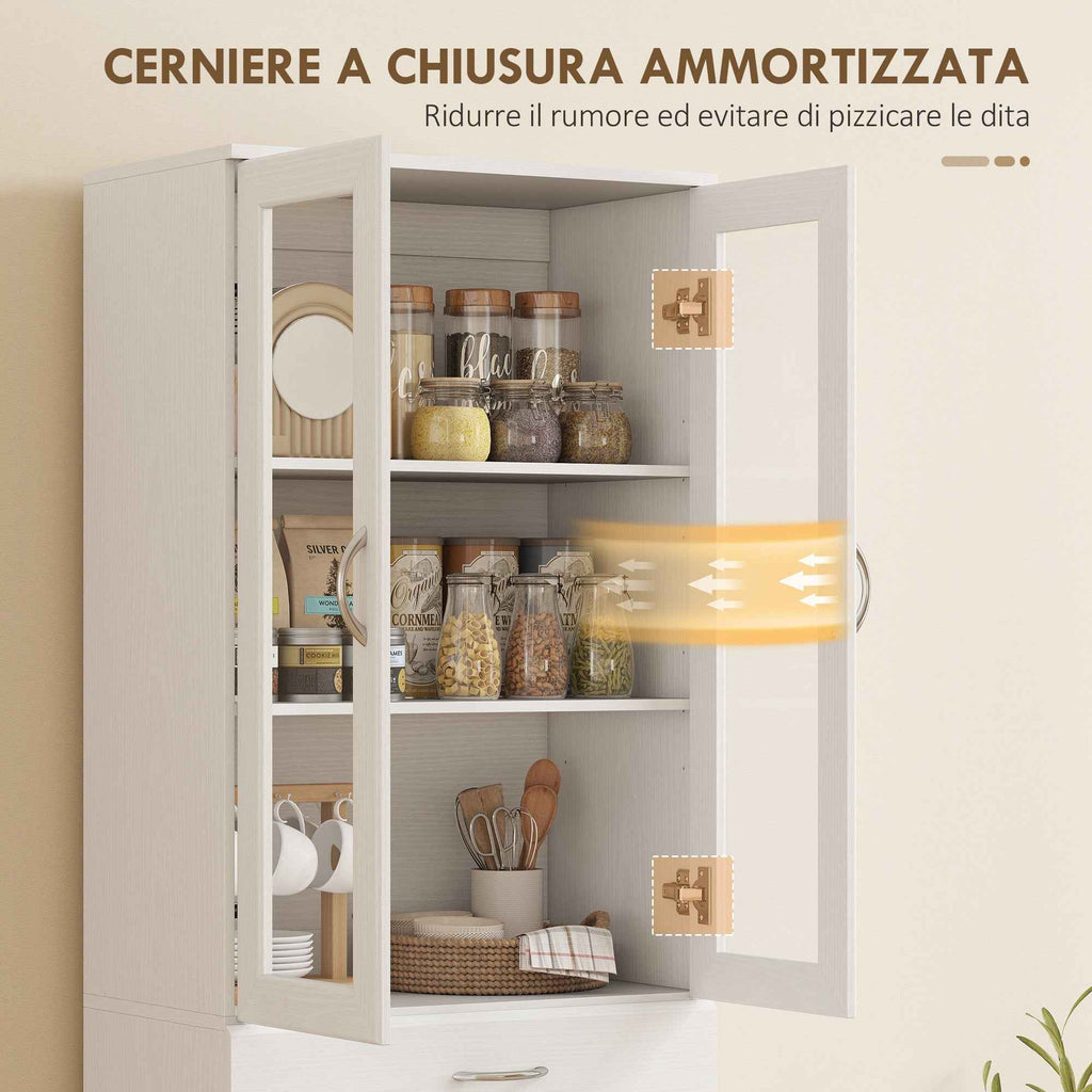 HOMCOM Kitchen Sideboard with 2 Cabinets and a Drawer, Adjustable Shelves and Glass Doors, 60x35x180 cm, White