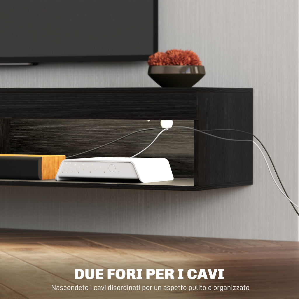 Wall Mounted TV Stand for up to 75" with 16 Color LED Lights and Remote Control, 180x40x30cm, Black