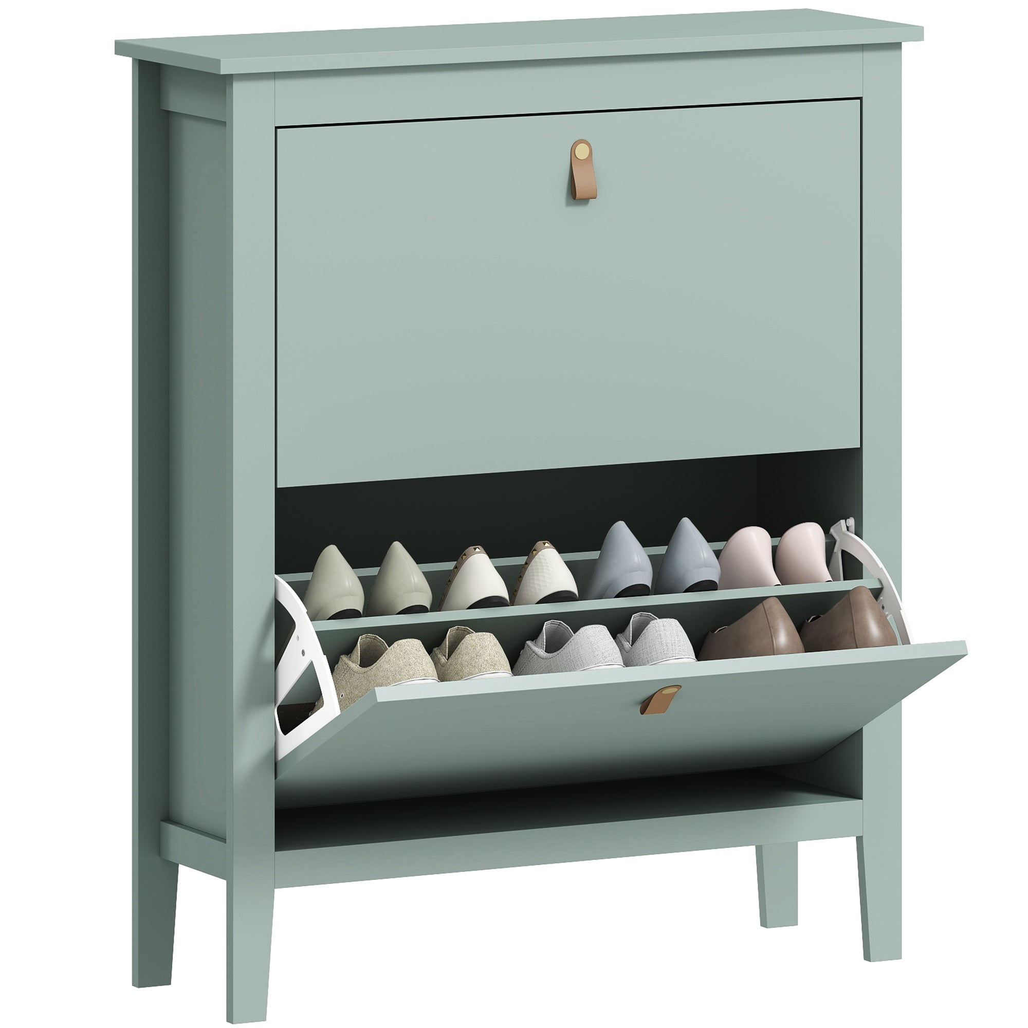 Slim Shoe Rack 2 Drawers for 14 Pairs of Shoes Size EU44 and Adjustable Shelves, 80x24x95.5cm, Green