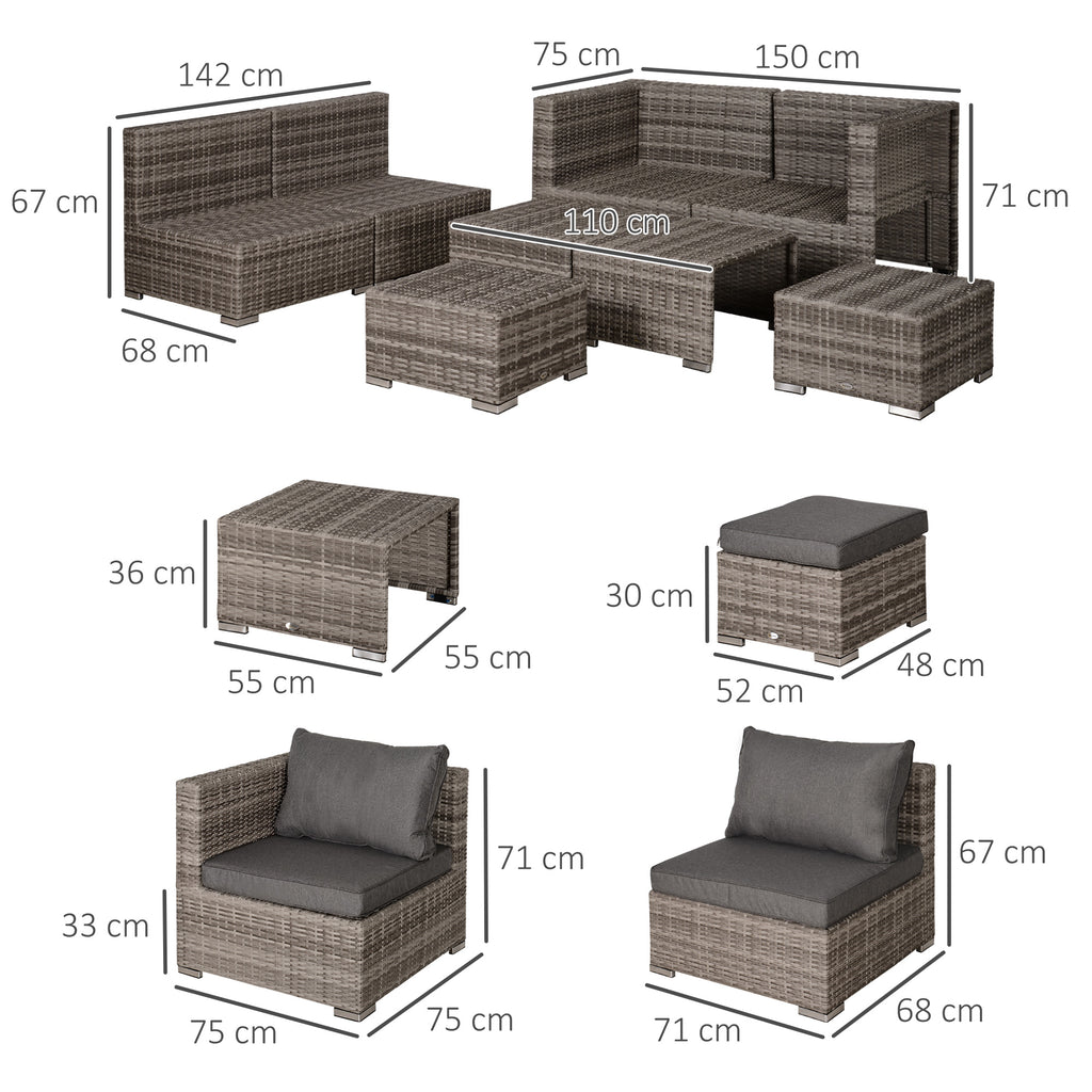 8-Piece PE Rattan Outdoor Lounge Set, Space-Saving Garden Furniture Set with Armchairs, Coffee Tables and Stools, Grey