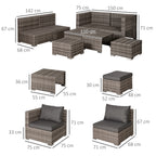 8-Piece PE Rattan Outdoor Lounge Set, Space-Saving Garden Furniture Set with Armchairs, Coffee Tables and Stools, Grey