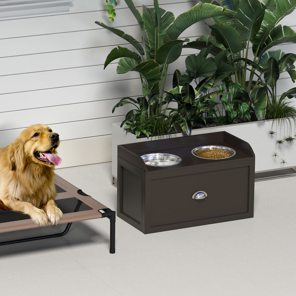 Stainless Steel and Wood Raised Dog Bowls with Drawer, 60x30x36cm, Brown