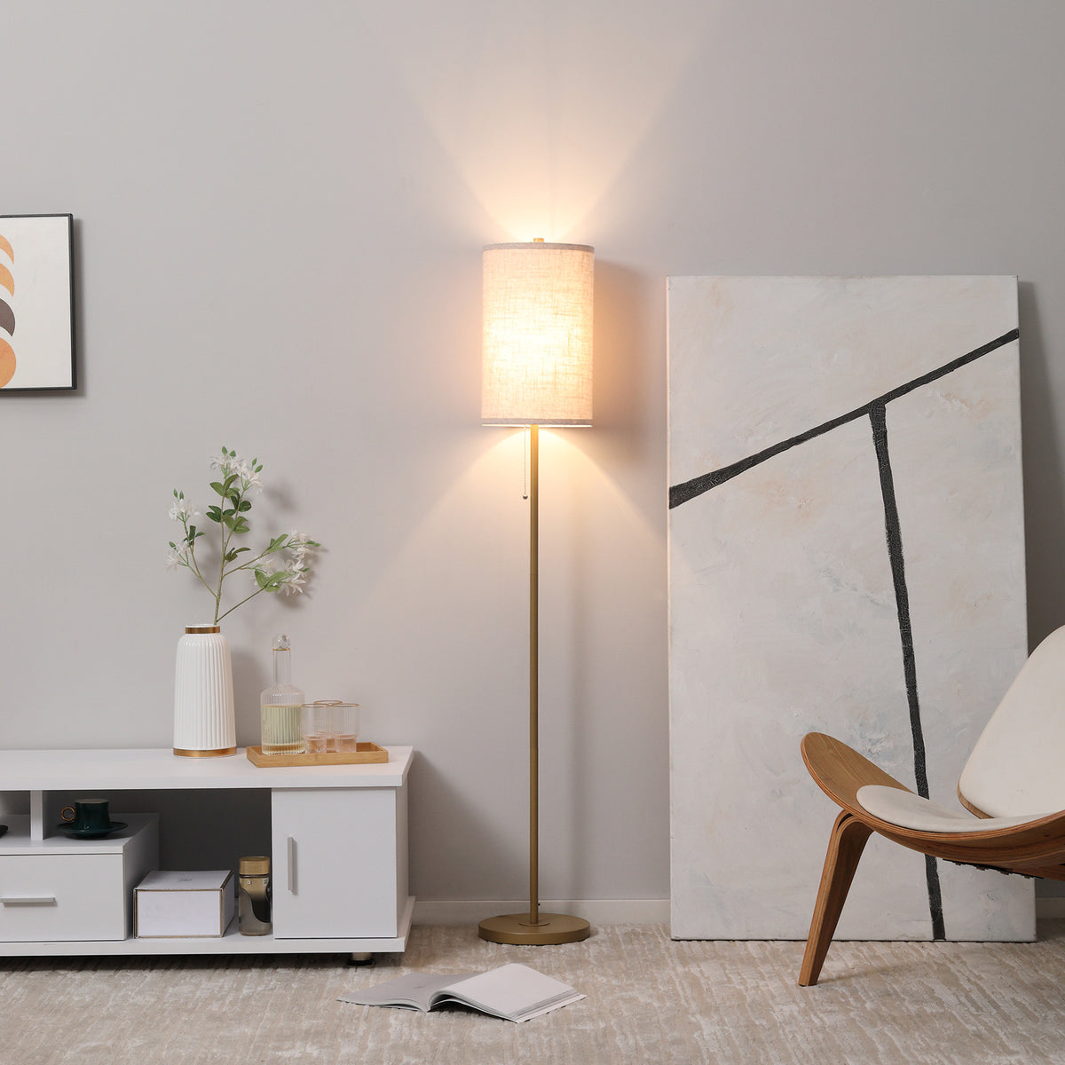 HOMCOM Floor Lamp with Pull Chain Switch, Linen Shade and Steel Base, E27 Socket, Gold and Cream