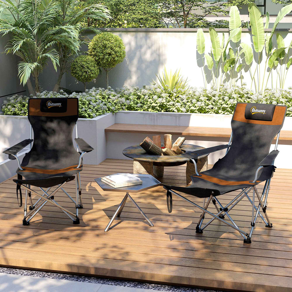 Outsunny Set of 2 Folding Camping Chairs with Footrest and Cup Holder, 82x50/100x88 cm, Black and Orange