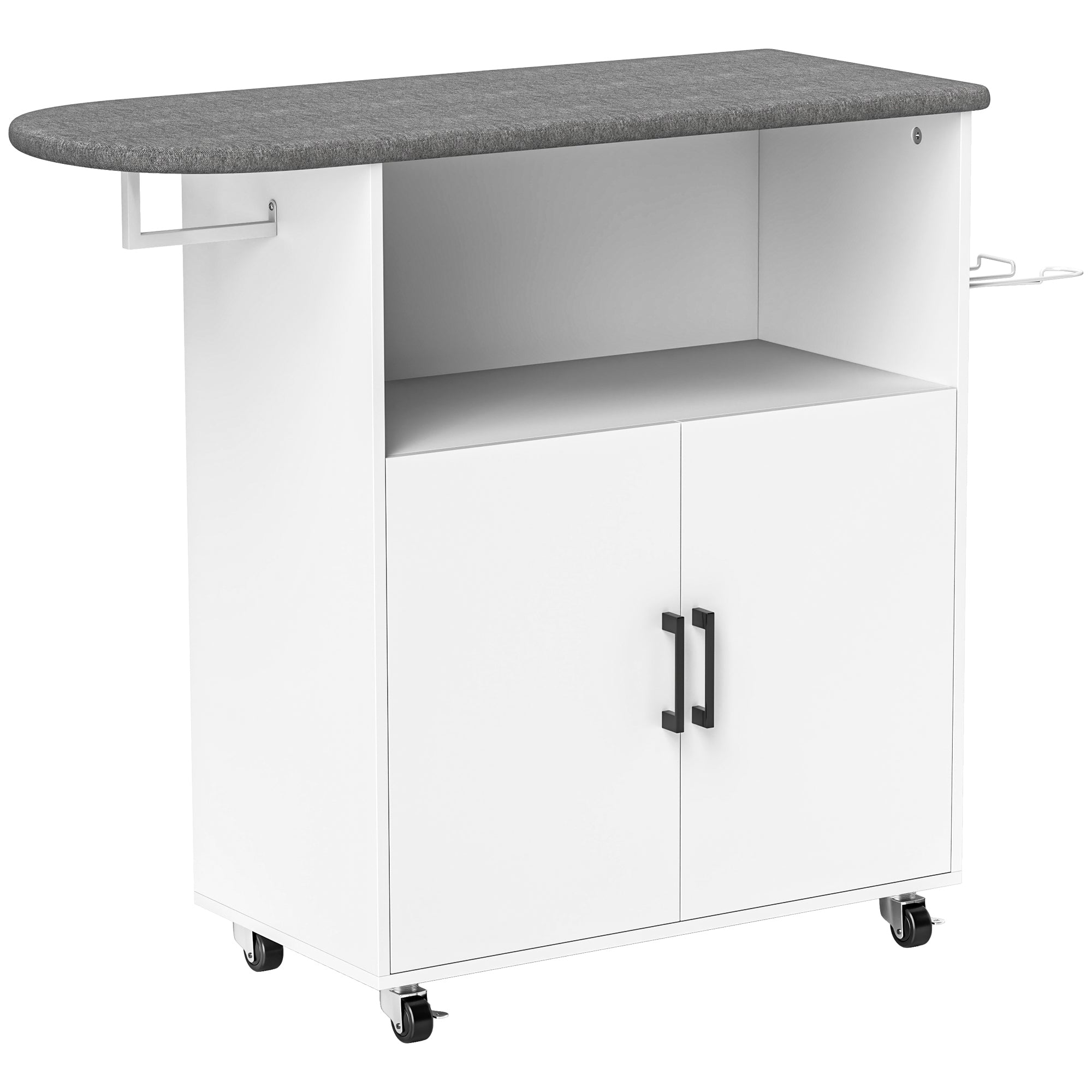 Mobile Ironing Board with 2-Door Cabinet and Open Space, 125x43.5x102.5 cm, White
