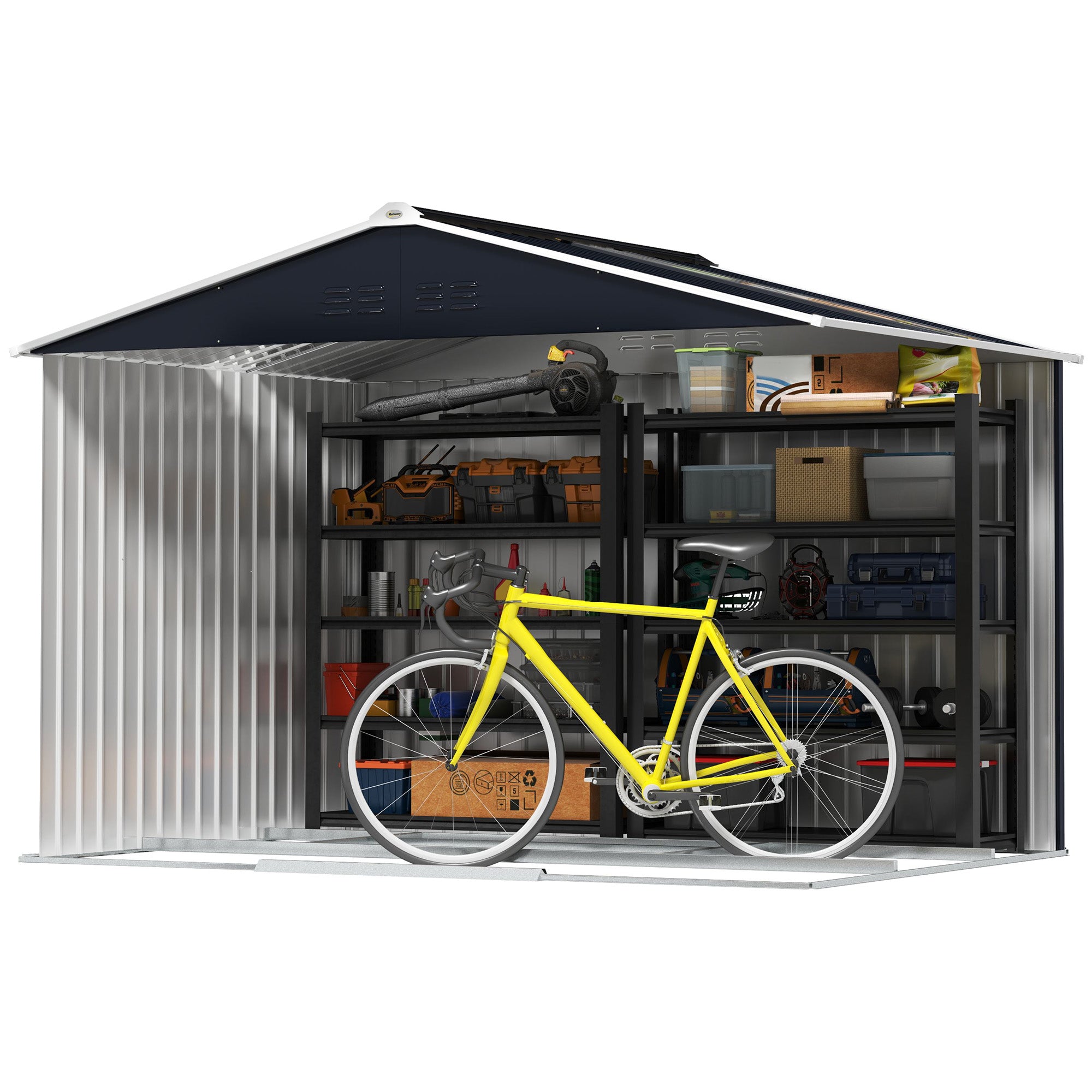 Steel Tool Shed with Sloped Roof and 2 Sliding Doors, 277x195x192 cm, Dark Grey