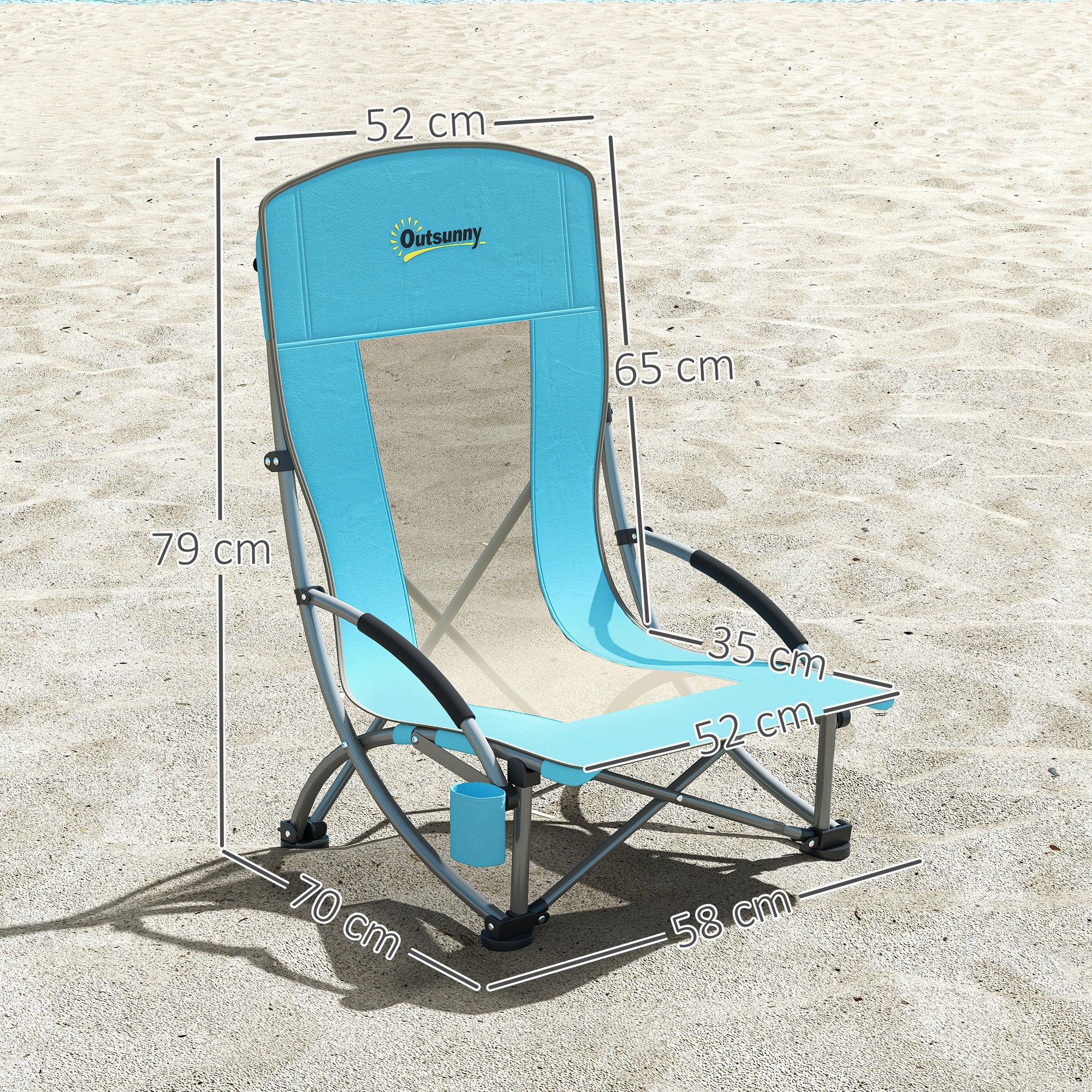 Set of 2 Folding Beach Chairs with Armrests, Cup Holder and Carrying Bag, Blue