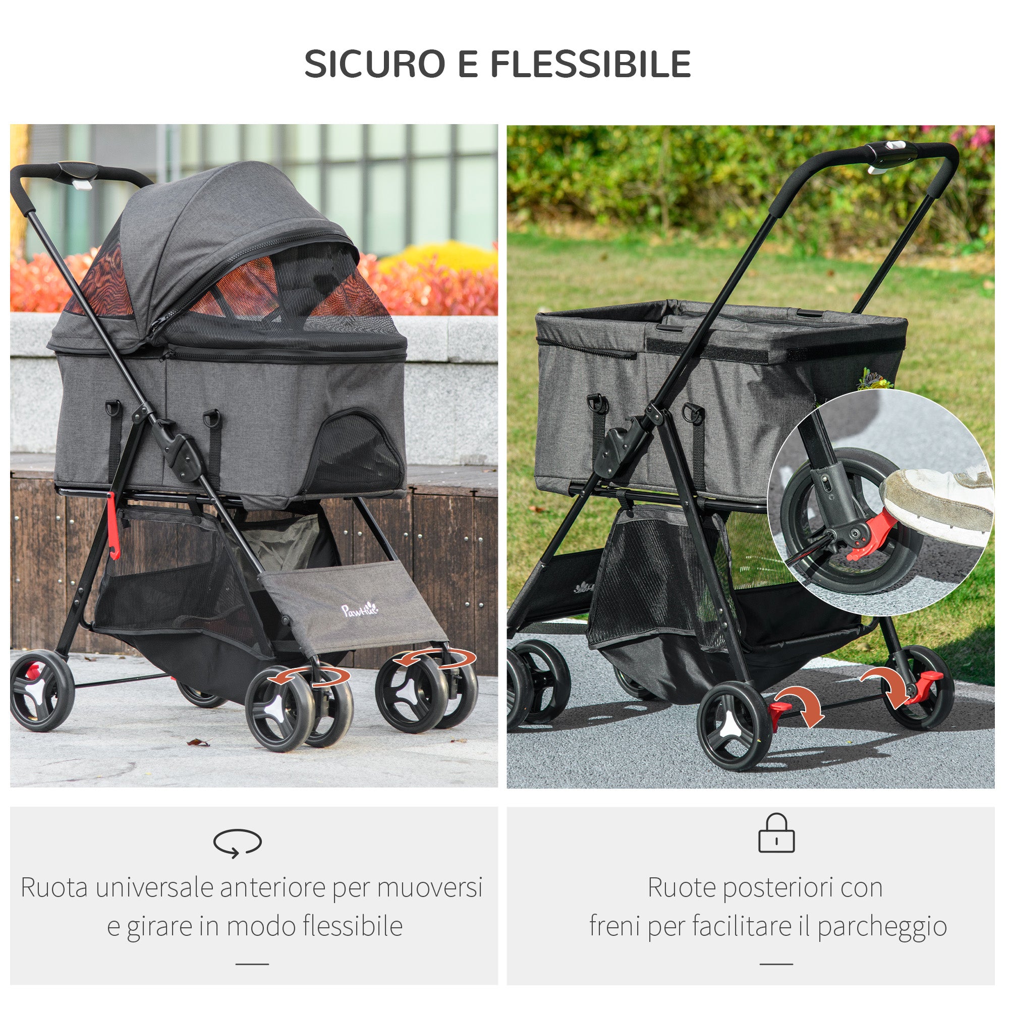 PawHut 3 in 1 Dog Stroller Convertible into Bag and Carrier with Leash and Cushion, Gray - Borgè