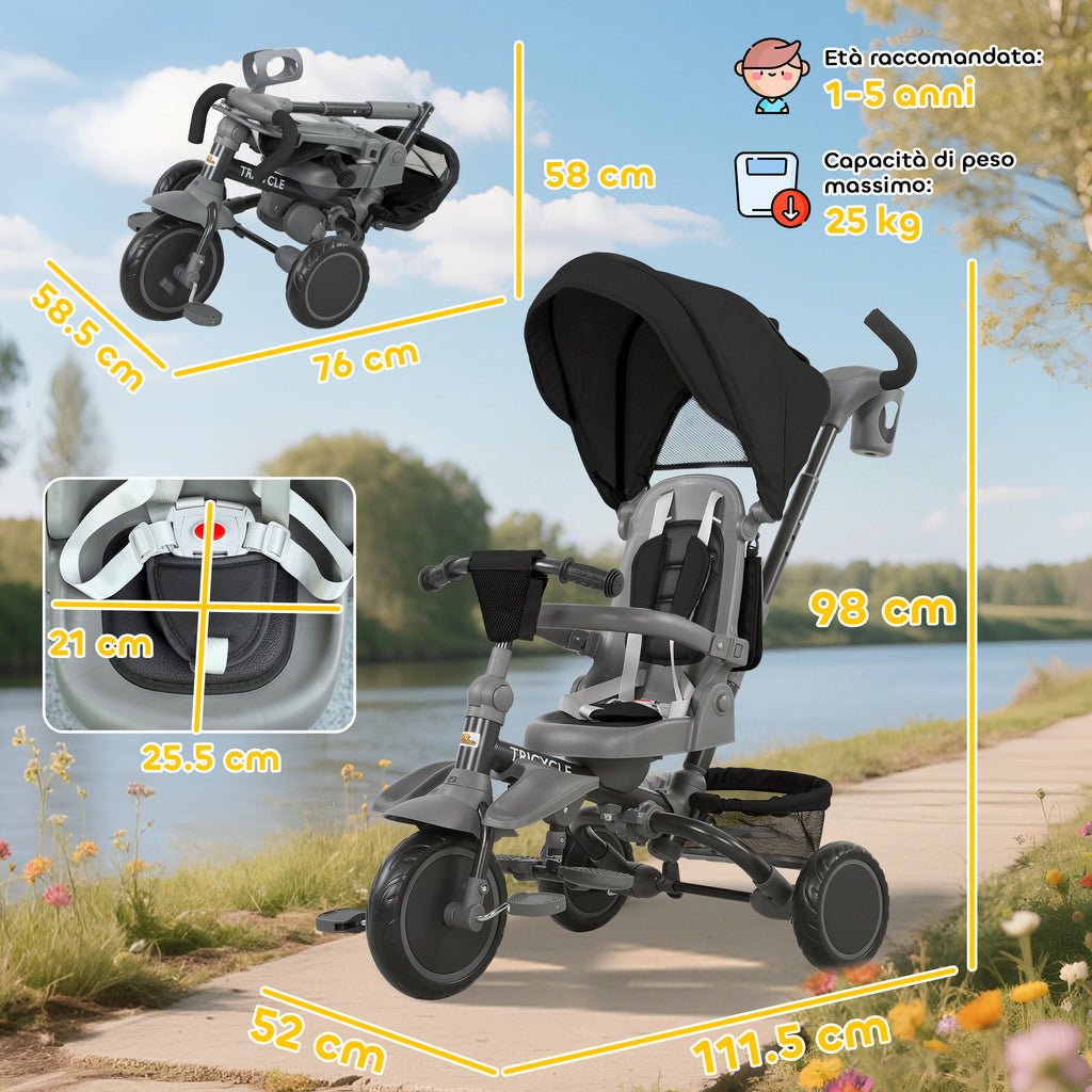 6-in-1 Children's Tricycle with Push Handle and Swivel Seat, 111.5x52x98 cm, Black