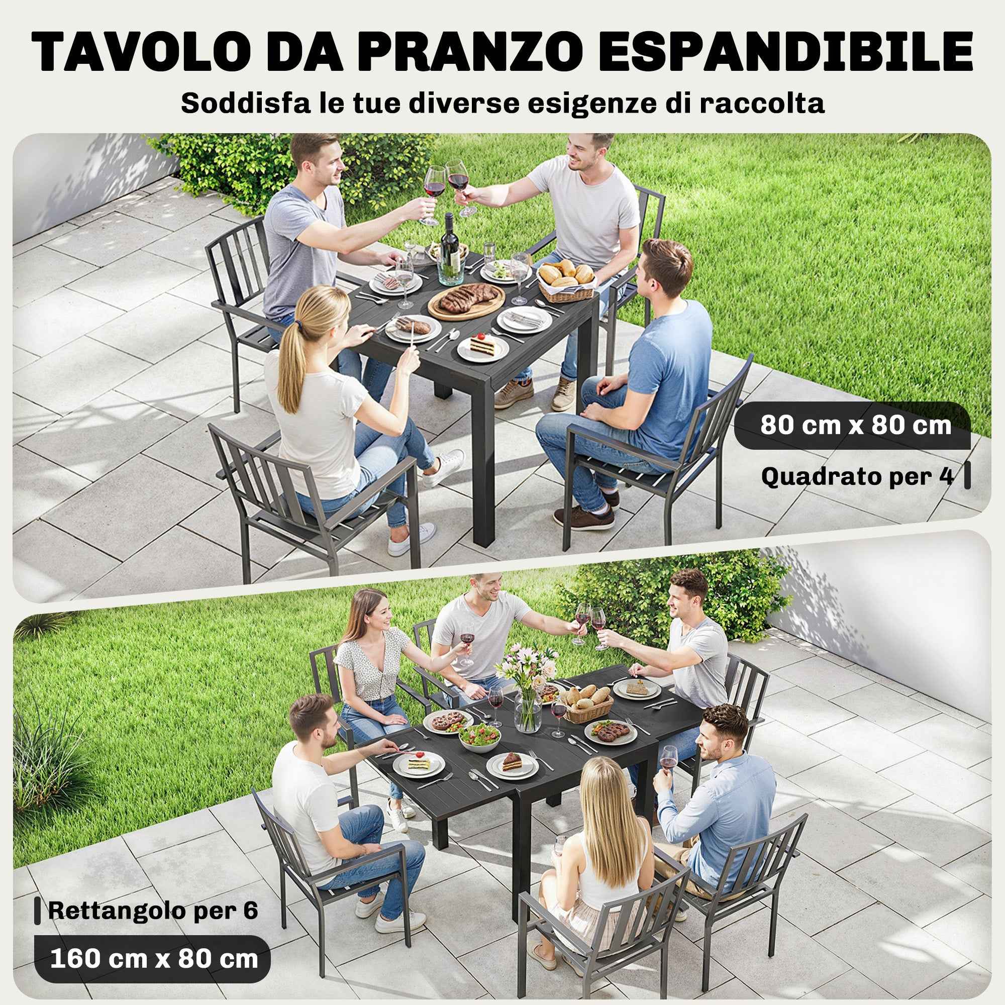 Outsunny Extendable Slatted Garden Table for 4-6 People, Aluminum, 80-160x80x75 cm, Black