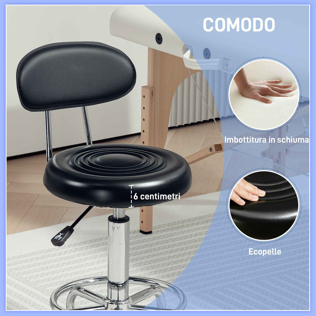 HOMCOM Adjustable 360° Swivel Stool with Backrest, Wheels and Footrest, in Steel, Faux Leather and Foam, Black