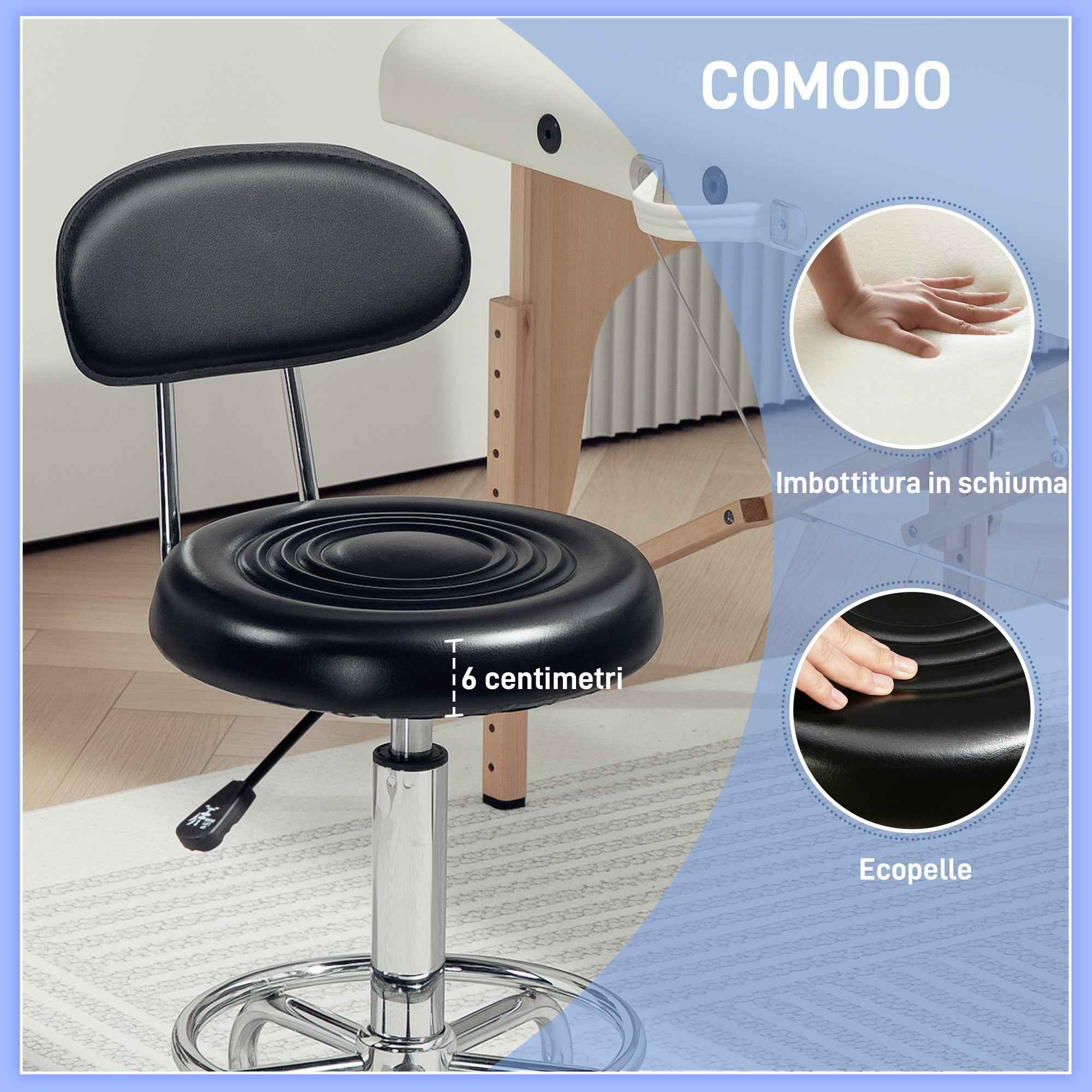 HOMCOM Adjustable 360° Swivel Stool with Backrest, Wheels and Footrest, in Steel, Faux Leather and Foam, Black
