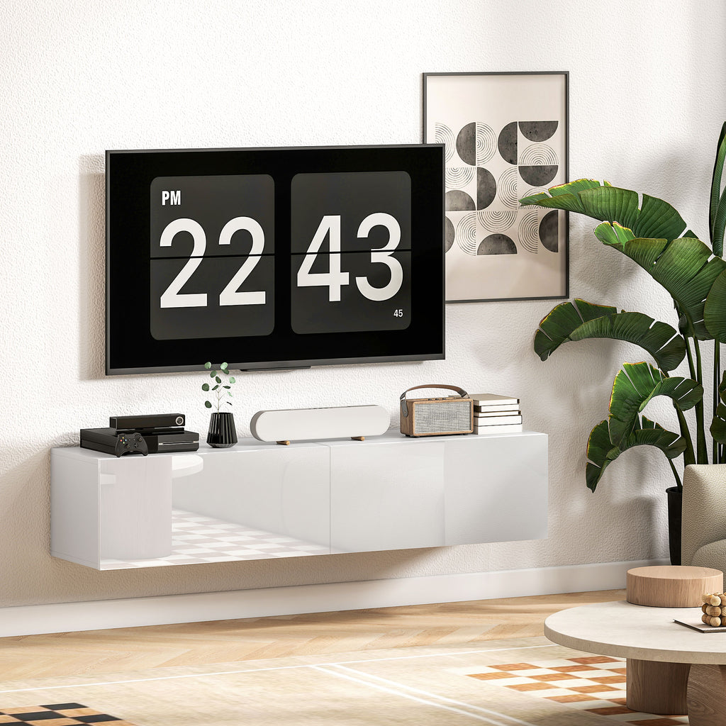 Wall Mounted TV Cabinet for 45"-55"-65" TVs with 2 Cabinets and Drop-Door, 140x33x29.8 cm, White